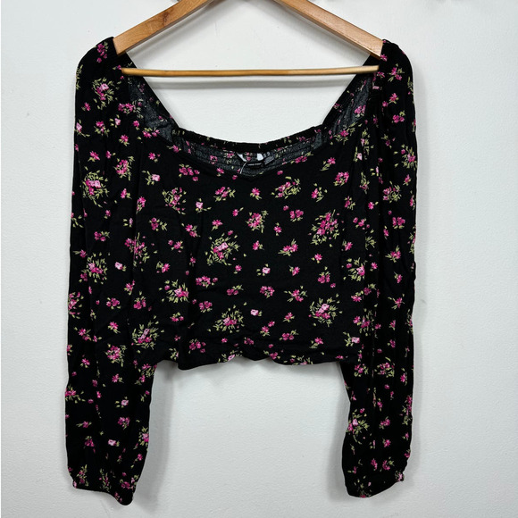 VERO MODA Anna Long Sleeve Crop Top in Black Aop Daisy Size XL - Picture 2 of 9